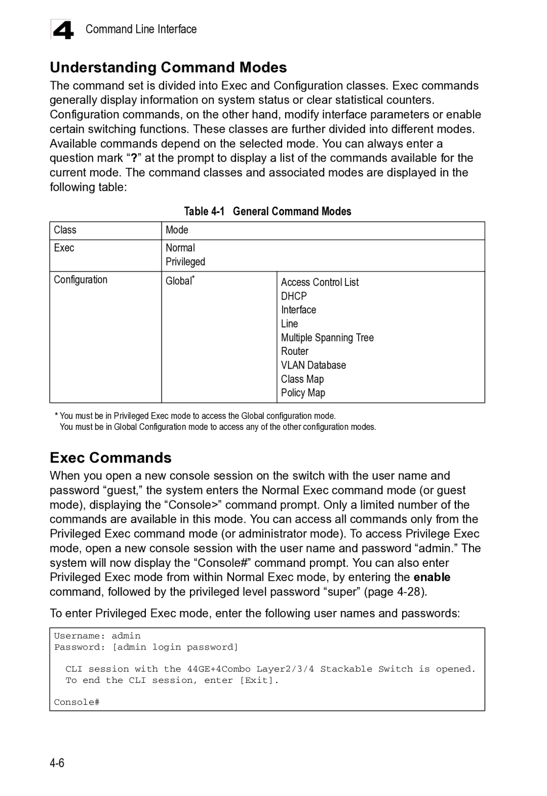 Microsoft ES4625, ES4649 manual Understanding Command Modes, Exec Commands 