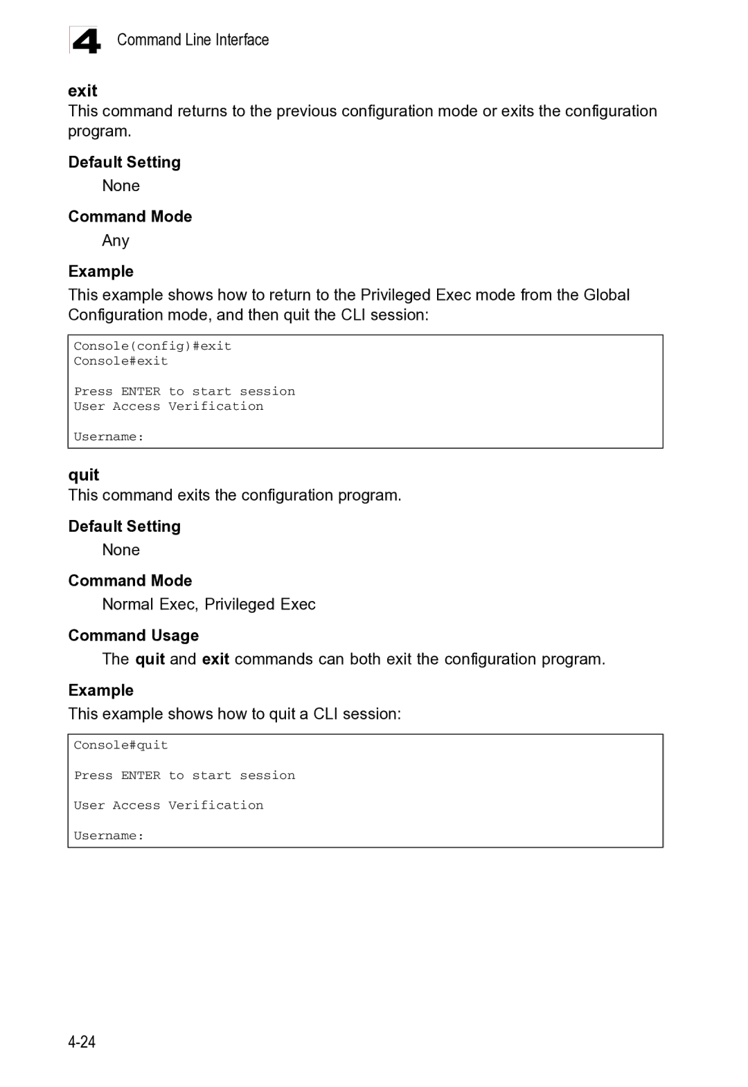 Microsoft ES4625, ES4649 manual Command Line Interface Exit, Quit 