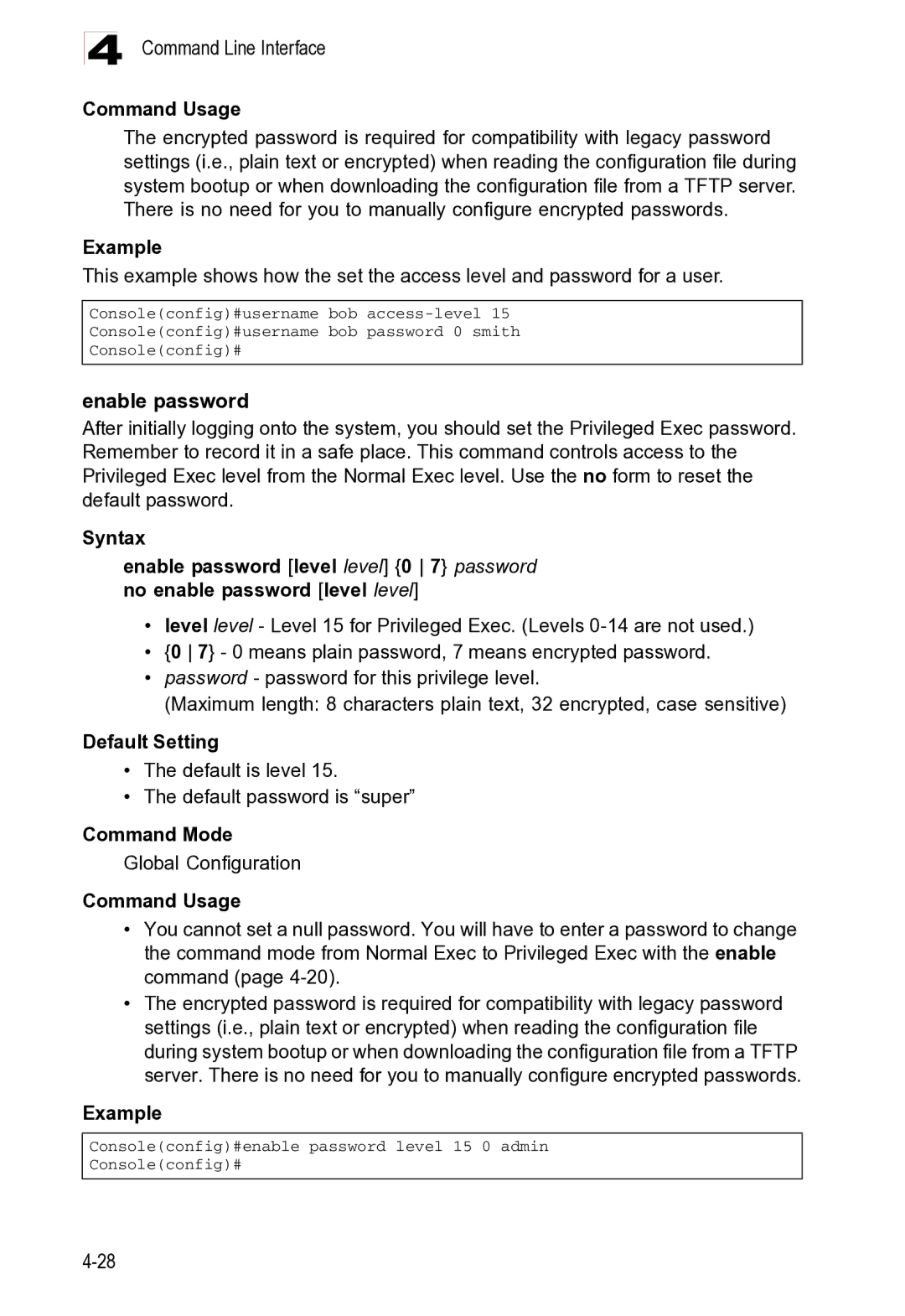 Microsoft ES4625, ES4649 manual Consoleconfig#enable password level 15 0 admin 