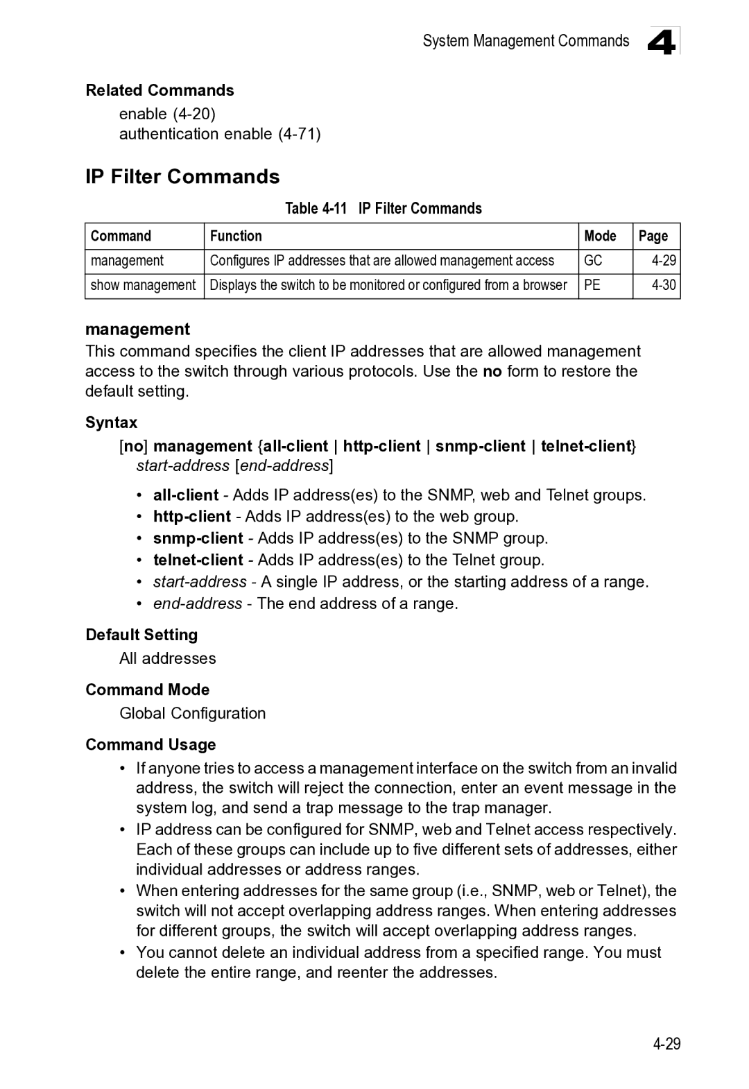 Microsoft ES4649, ES4625 manual IP Filter Commands, Management, Related Commands Enable Authentication enable 