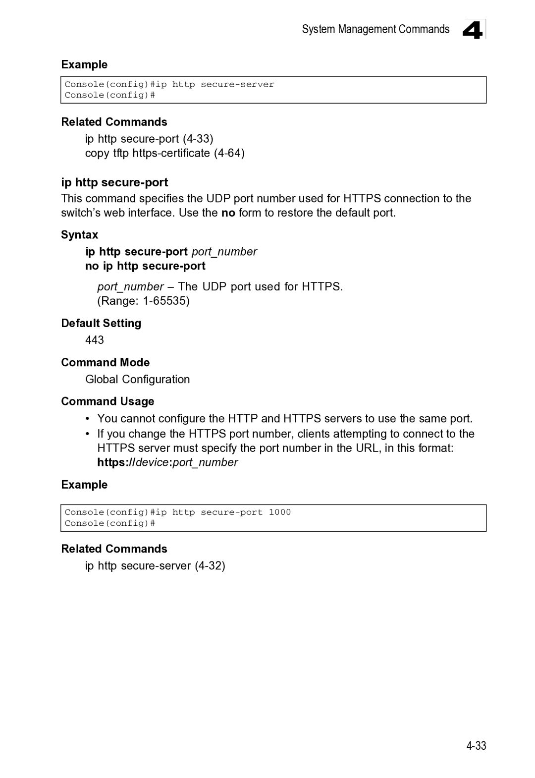 Microsoft ES4649, ES4625 manual System Management Commands, Related Commands Ip http secure-server4-32 