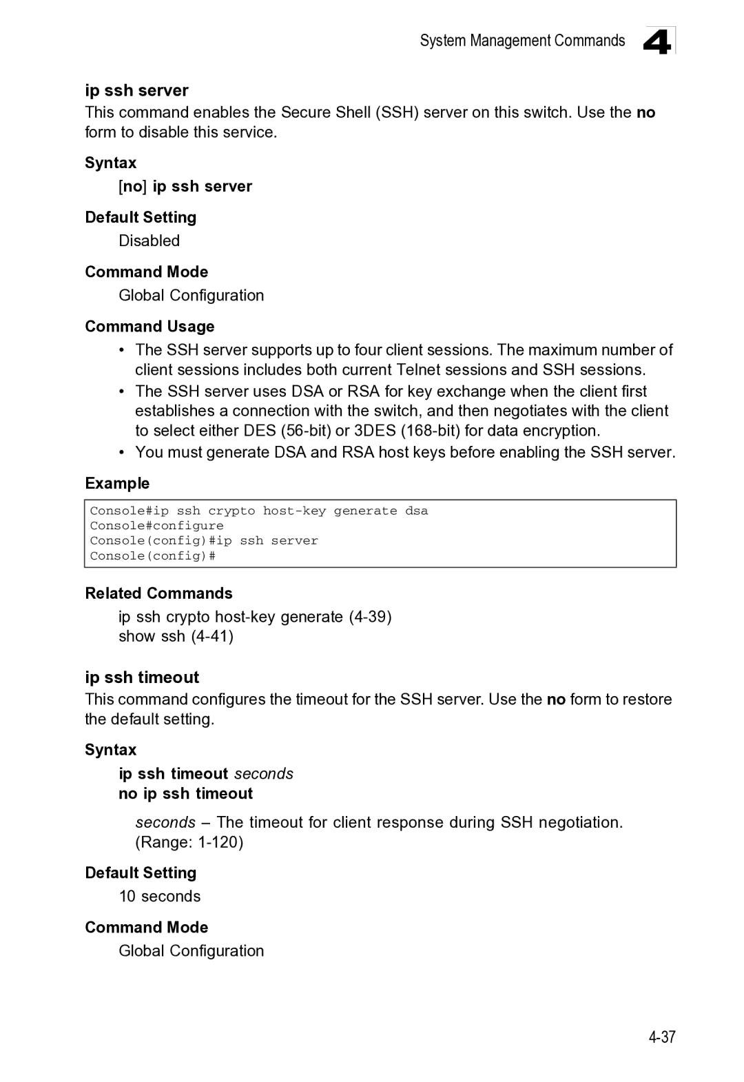 Microsoft ES4649, ES4625 manual System Management Commands Ip ssh server, Ip ssh timeout 