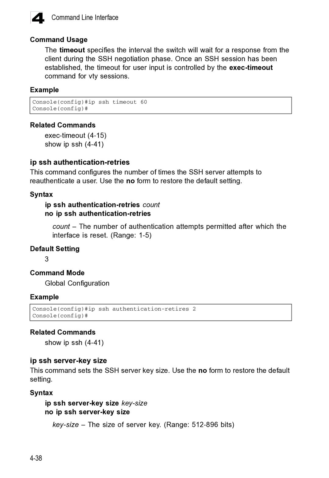 Microsoft ES4625, ES4649 manual Related Commands Exec-timeout4-15 show ip ssh, Related Commands Show ip ssh 