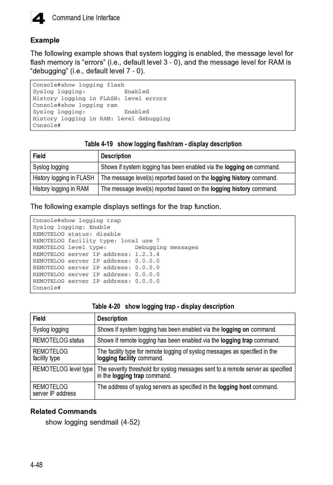 Microsoft ES4625, ES4649 show logging flash/ram display description, Field Description Syslog logging, Remotelog status 