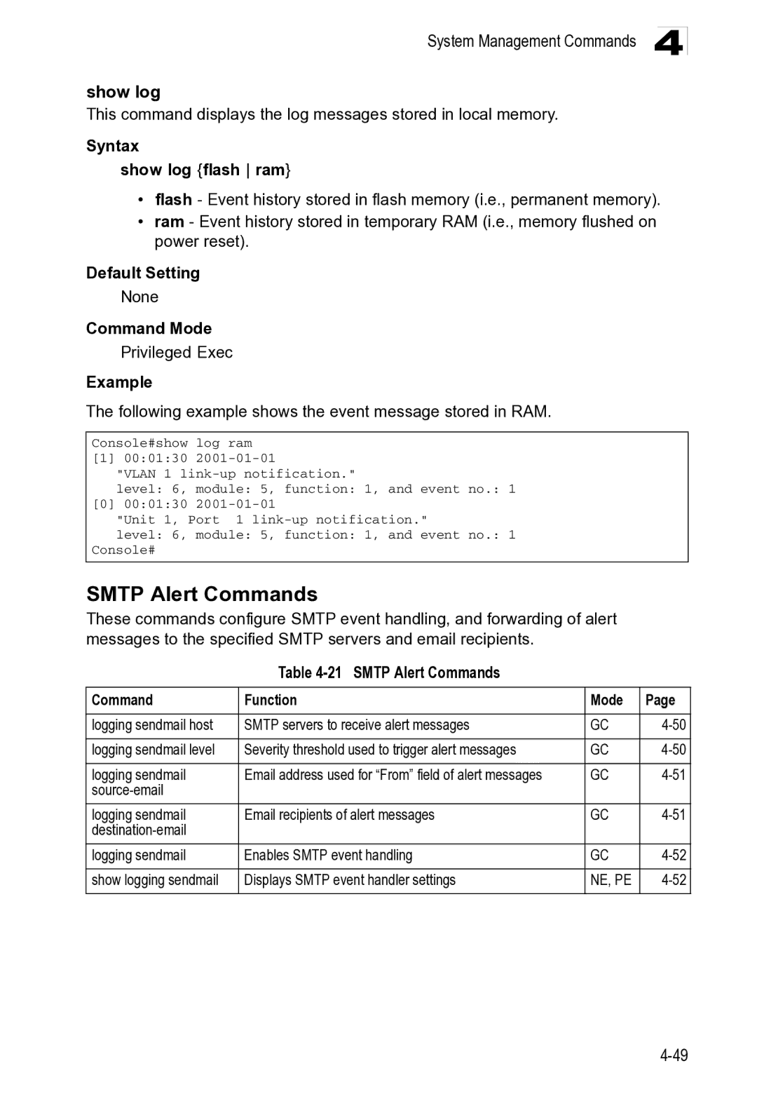 Microsoft ES4649, ES4625 Smtp Alert Commands, System Management Commands Show log, Smtp servers to receive alert messages 