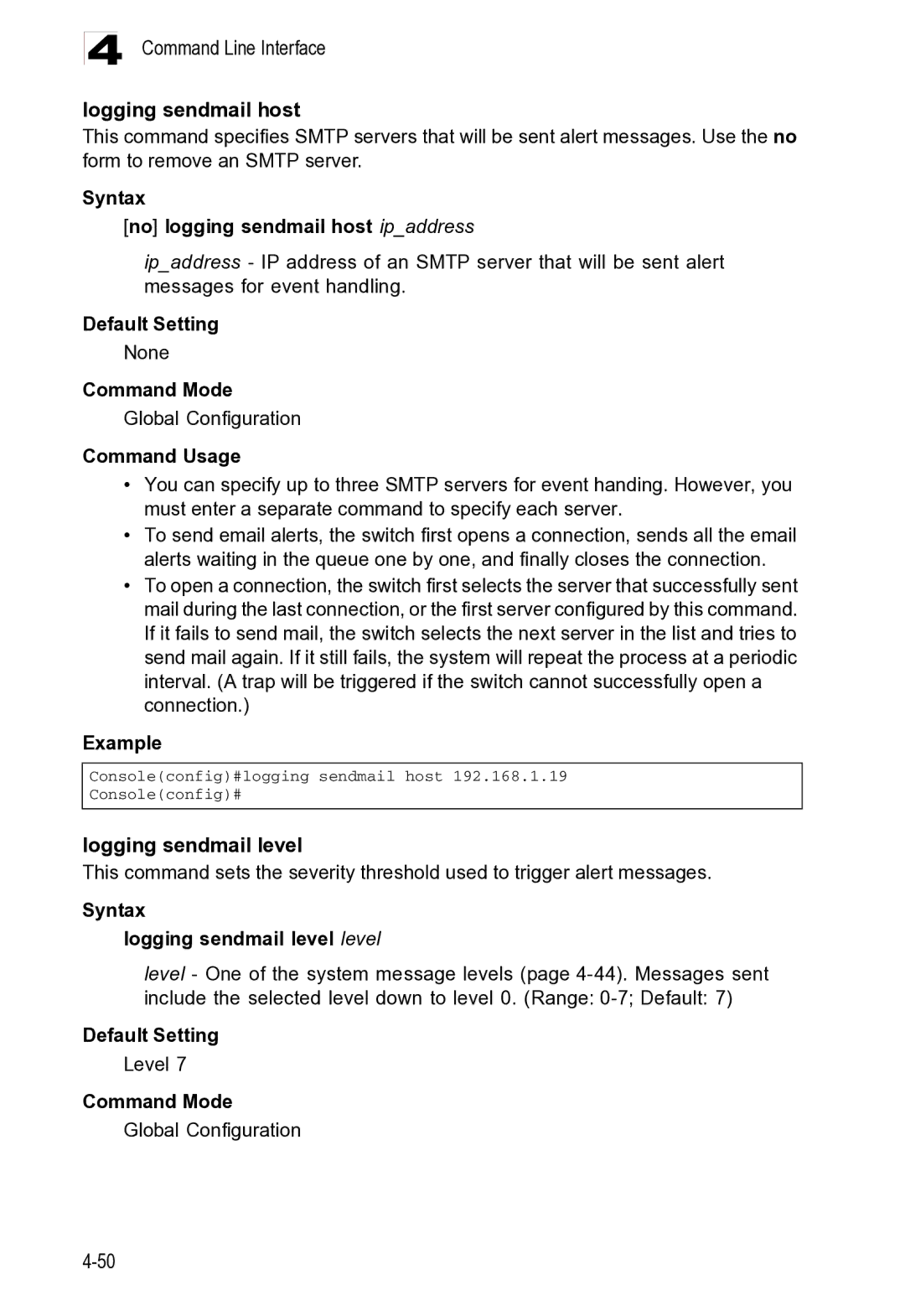 Microsoft ES4625, ES4649 manual Command Line Interface Logging sendmail host, Logging sendmail level 