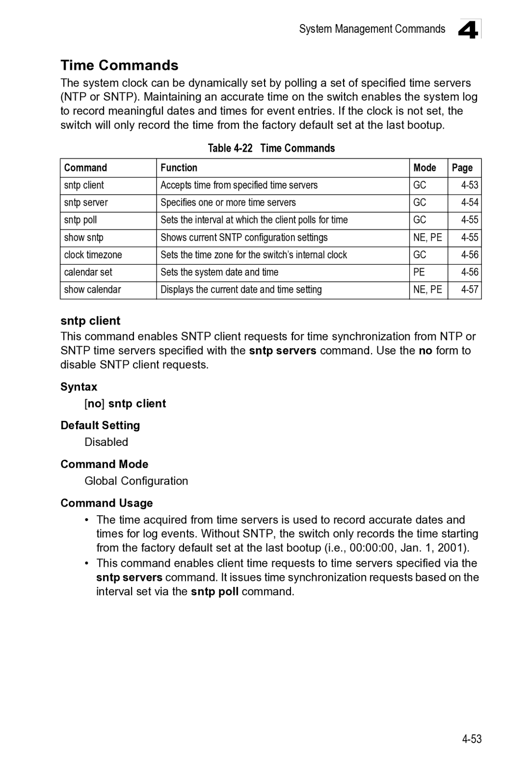 Microsoft ES4649, ES4625 manual Time Commands, Sntp client 