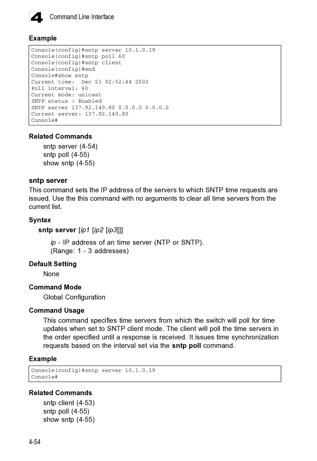 Microsoft ES4625, ES4649 manual Related Commands Sntp server 4-54 sntp poll 4-55 show sntp 