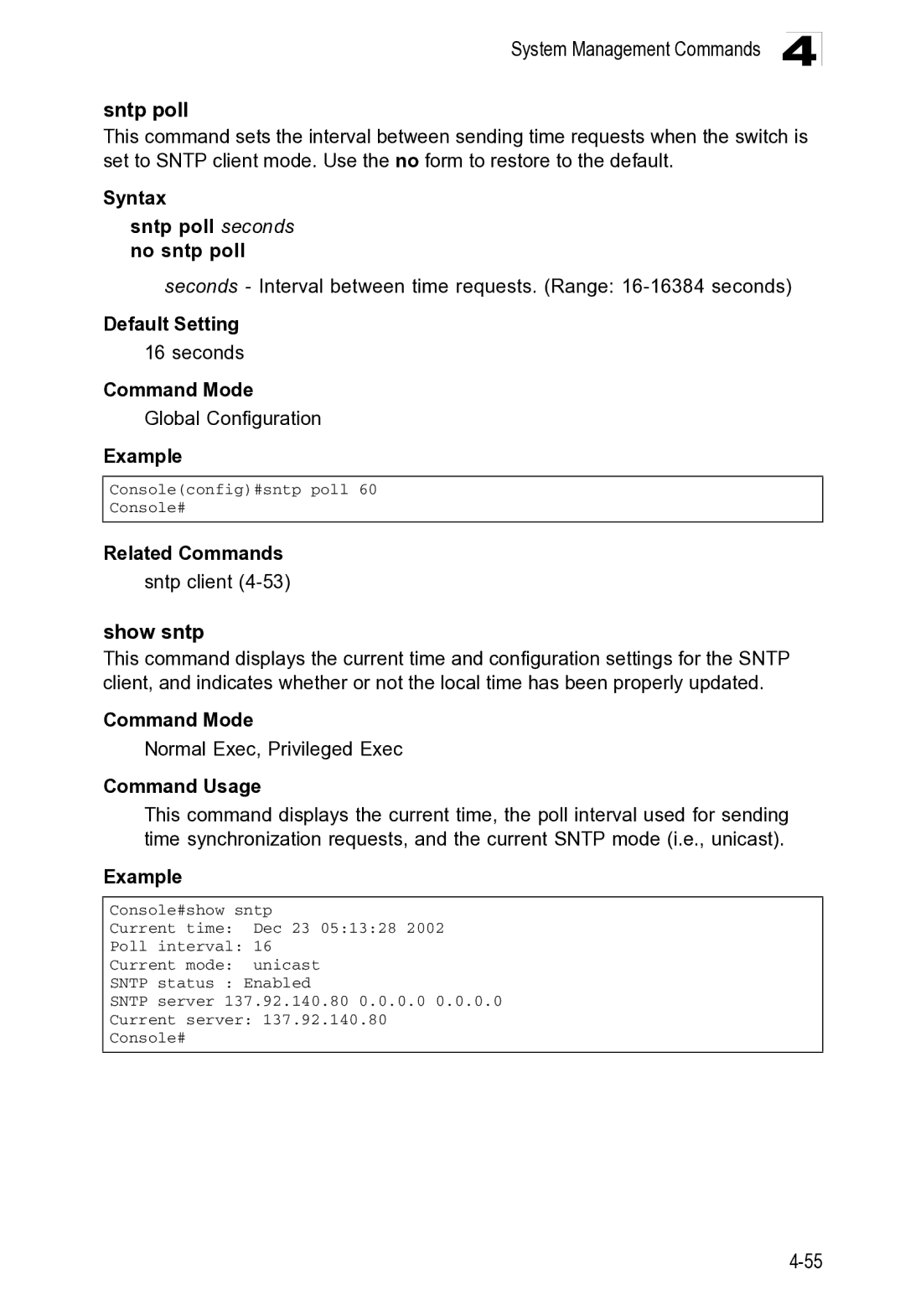 Microsoft ES4649, ES4625 manual System Management Commands Sntp poll, Related Commands Sntp client 