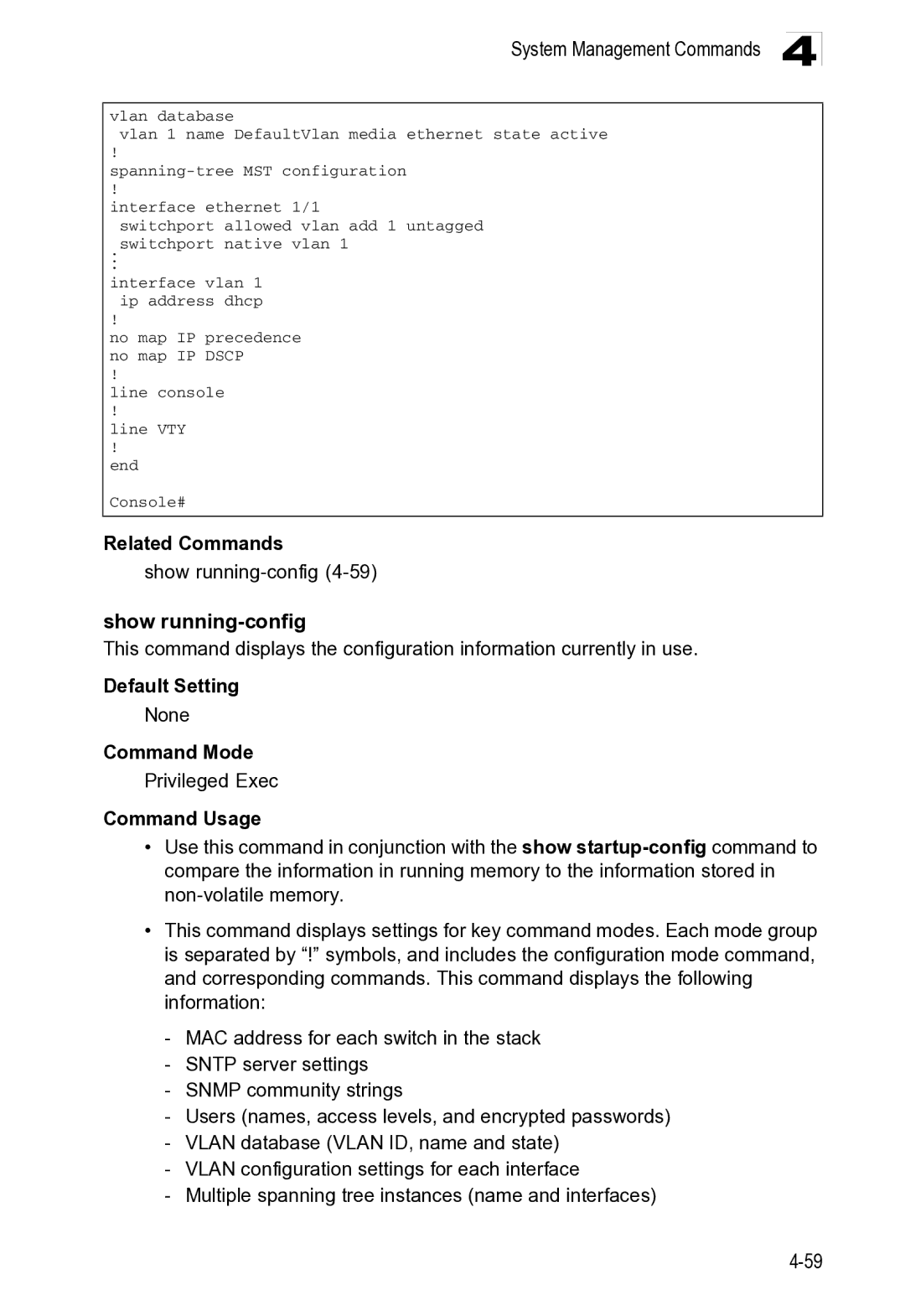 Microsoft ES4649, ES4625 manual Related Commands Show running-config4-59 