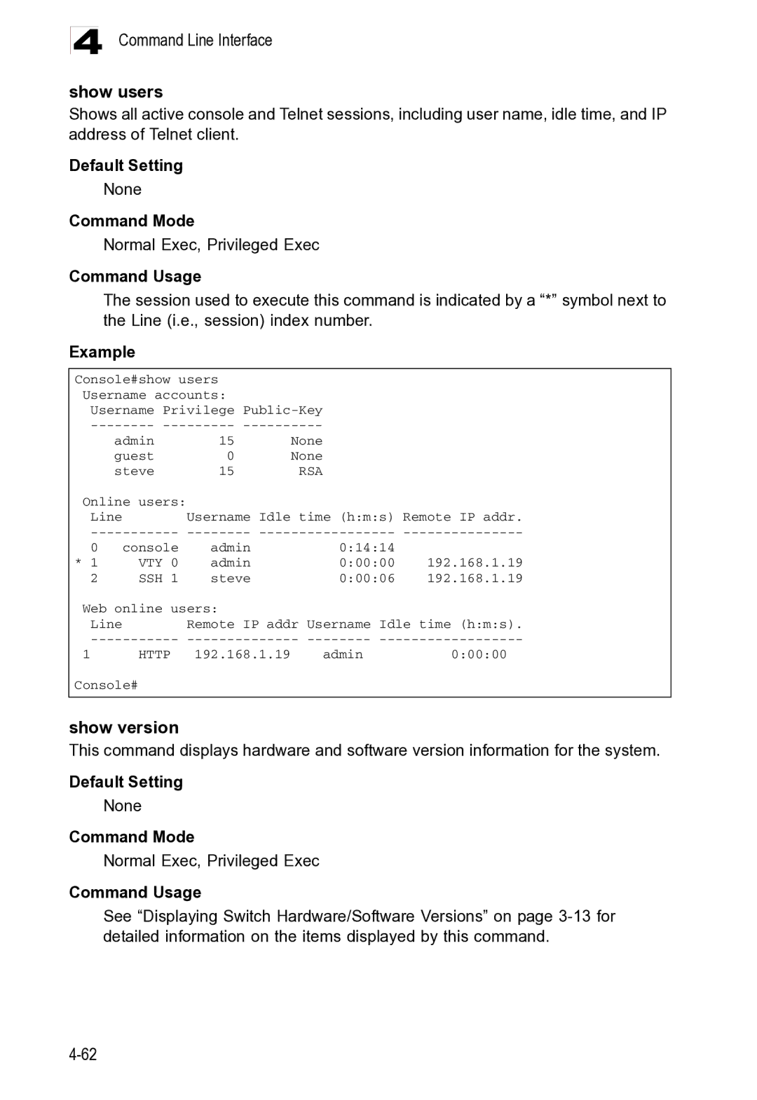 Microsoft ES4625, ES4649 manual Command Line Interface Show users, Show version 