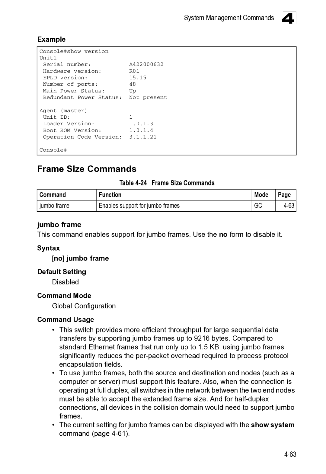 Microsoft ES4649, ES4625 manual Frame Size Commands Function Mode Jumbo frame 