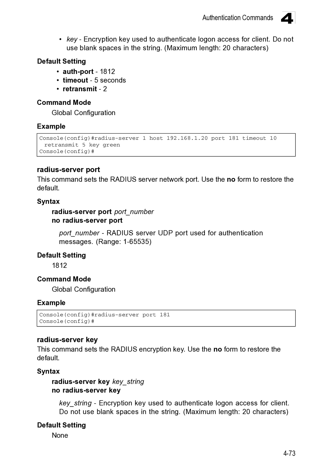 Microsoft ES4649, ES4625 manual Radius-server port, Radius-server key 