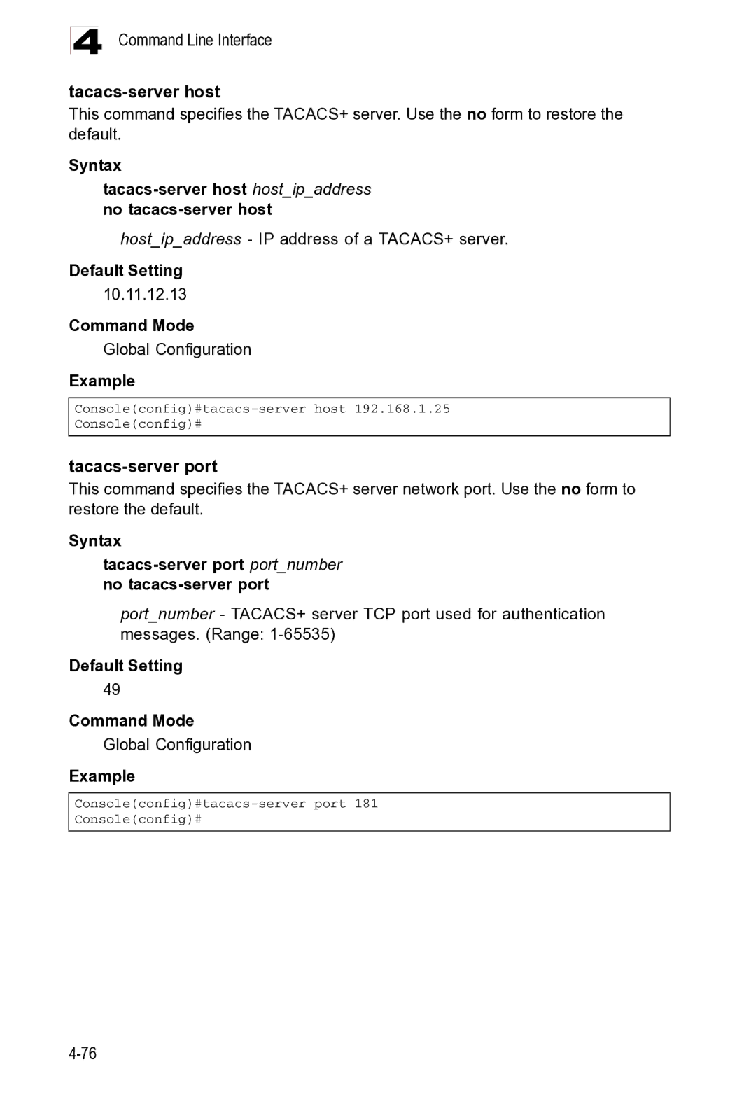 Microsoft ES4625, ES4649 manual Command Line Interface Tacacs-server host, Tacacs-server port 