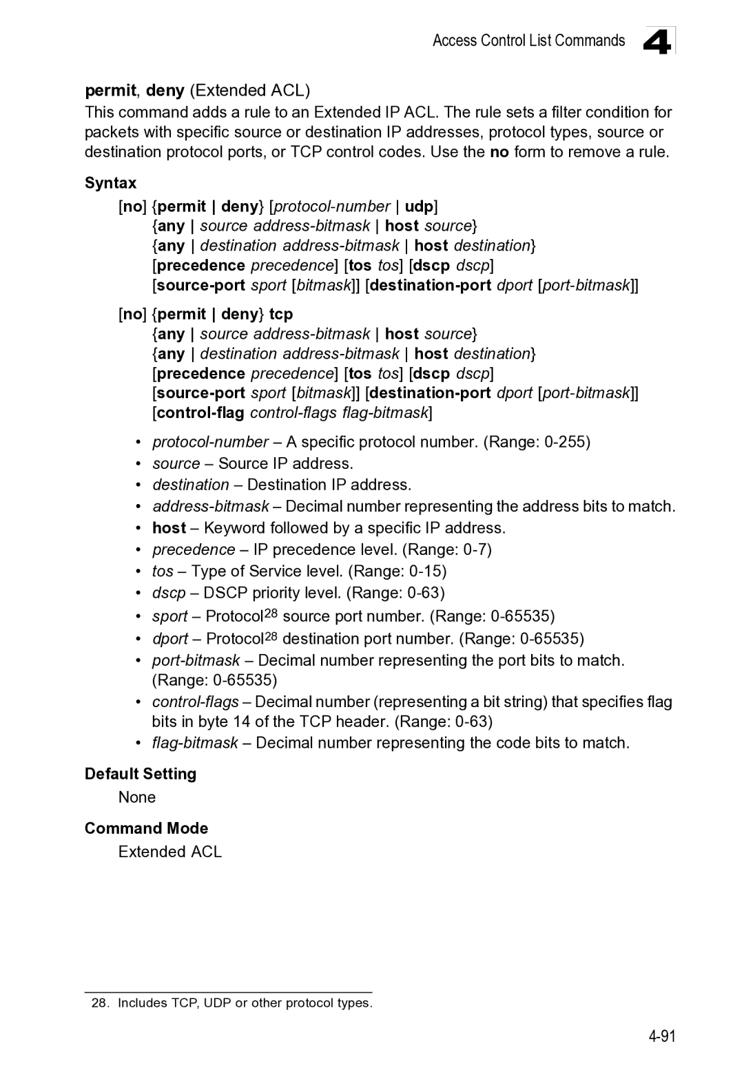 Microsoft ES4649, ES4625 manual Access Control List Commands Permit, deny Extended ACL 