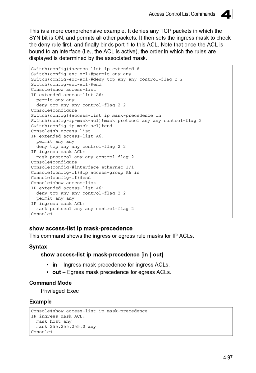 Microsoft ES4649, ES4625 manual Show access-list ip mask-precedence 