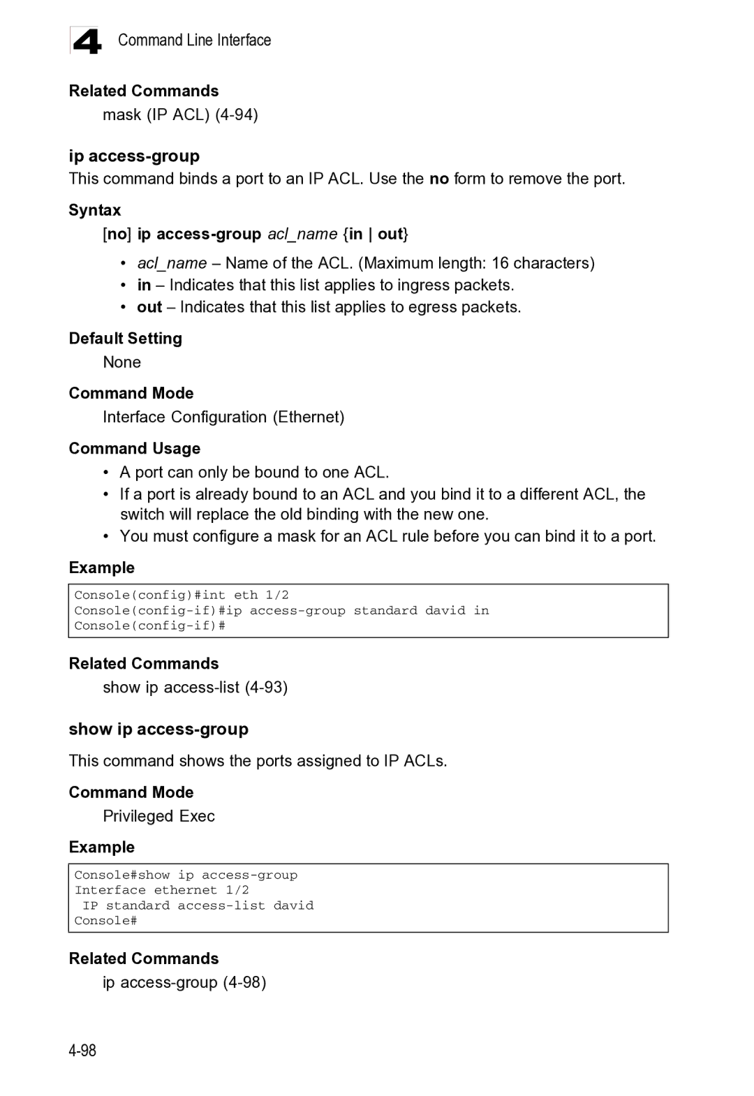 Microsoft ES4625, ES4649 manual Related Commands Mask IP ACL, Related Commands Show ip access-list4-93 