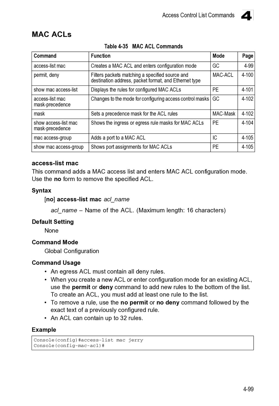 Microsoft ES4649, ES4625 MAC ACL Commands Function Mode Access-list mac, 102, Shows port assignments for MAC ACLs 105 