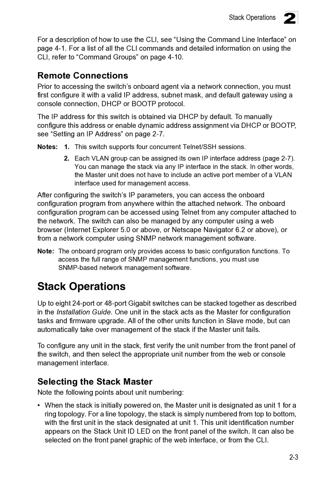 Microsoft ES4649, ES4625 manual Stack Operations, Remote Connections, Selecting the Stack Master 