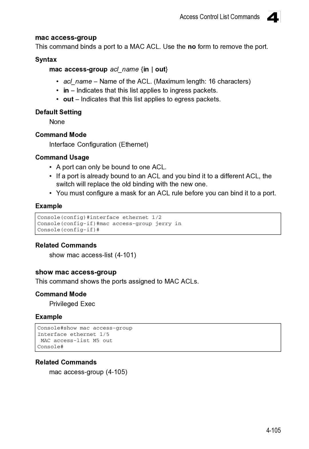 Microsoft ES4649, ES4625 manual Access Control List Commands Mac access-group, Related Commands Show mac access-list4-101 