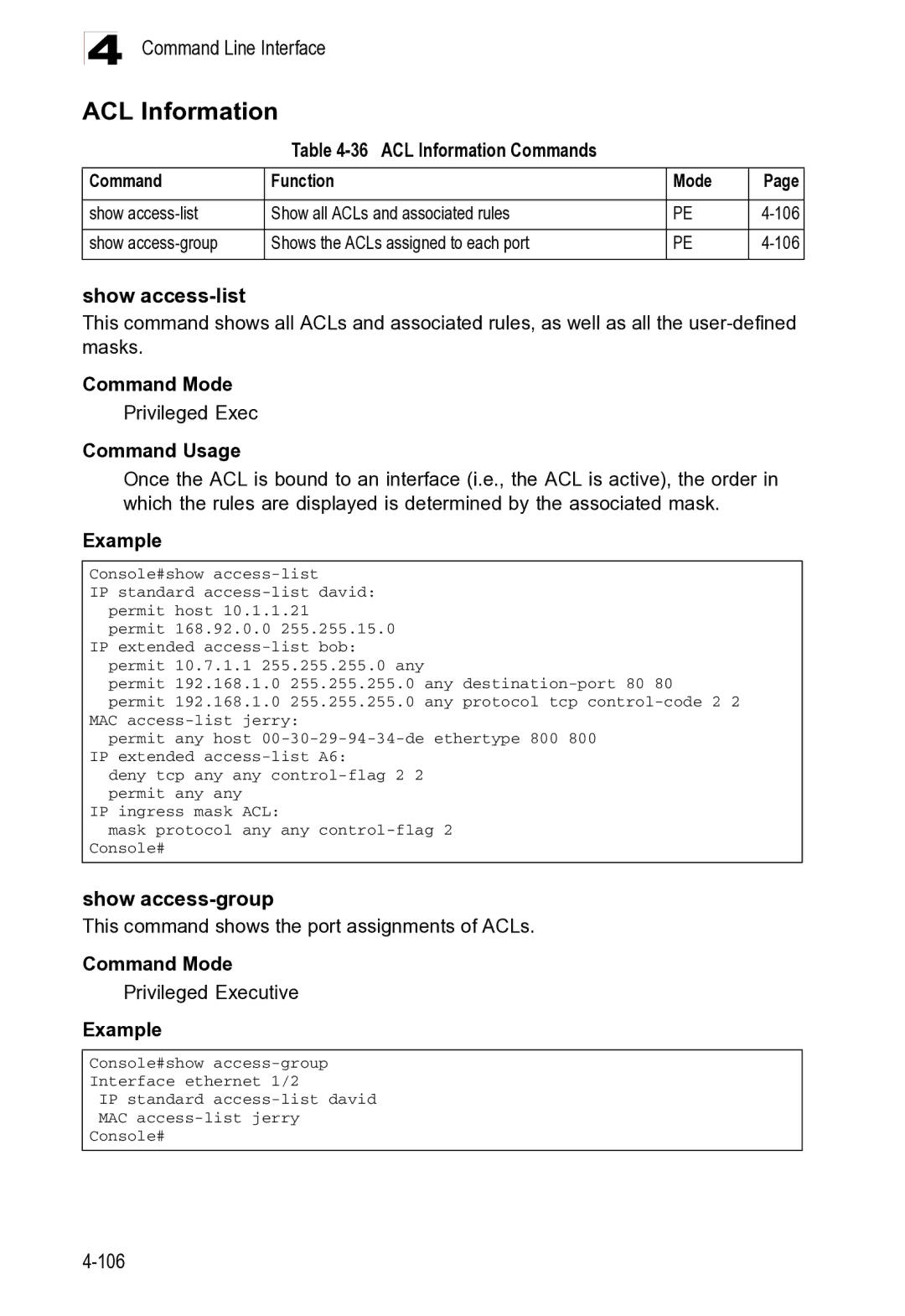 Microsoft ES4625, ES4649 manual ACL Information, Show access-list 