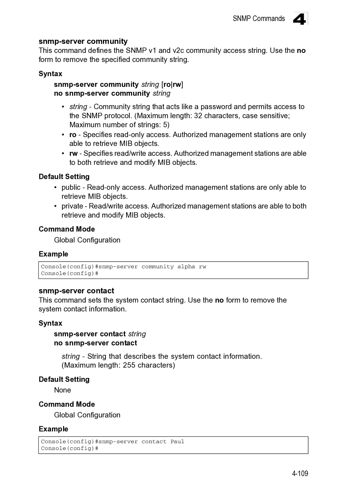 Microsoft ES4649, ES4625 manual Snmp Commands Snmp-server community, Snmp-server contact 