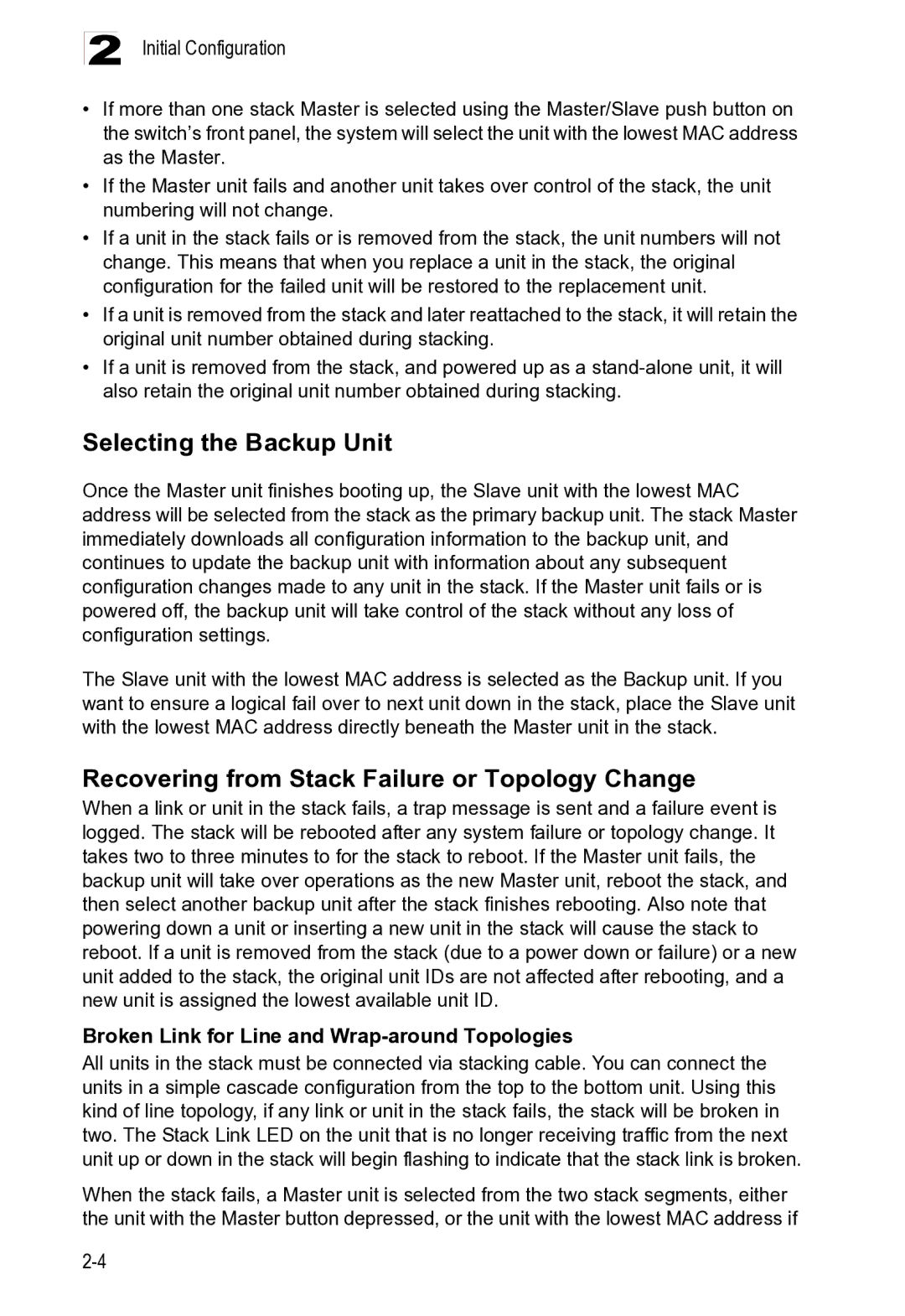 Microsoft ES4625, ES4649 manual Selecting the Backup Unit, Recovering from Stack Failure or Topology Change 