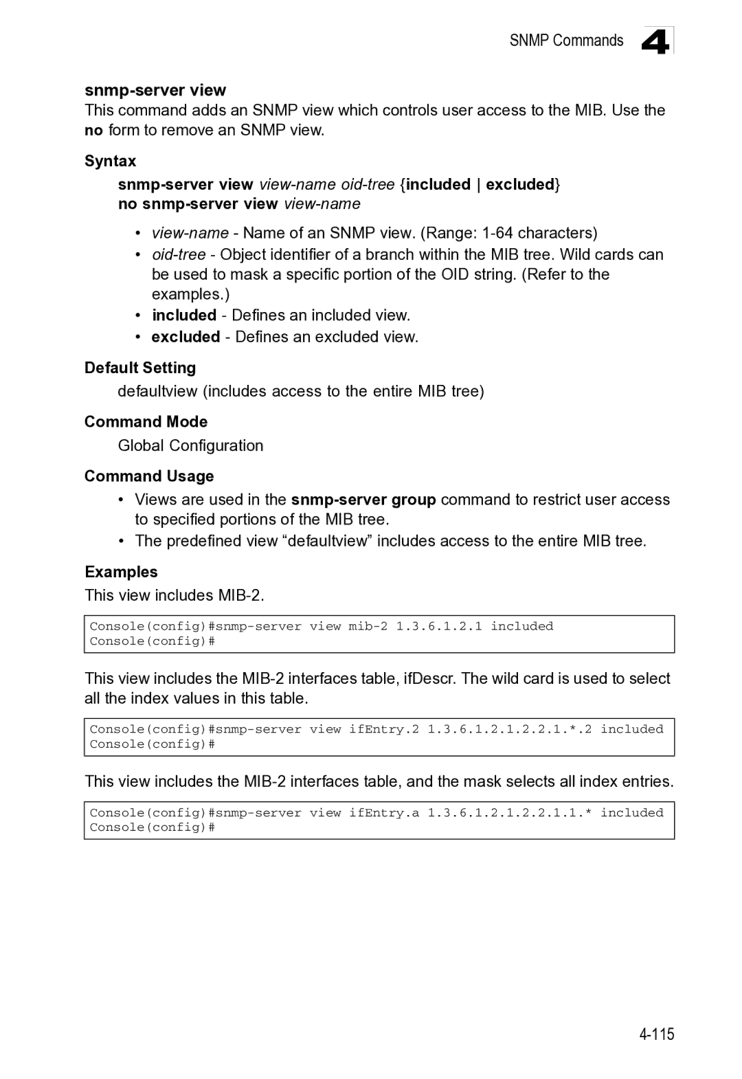 Microsoft ES4649, ES4625 manual Snmp Commands Snmp-server view, 115 