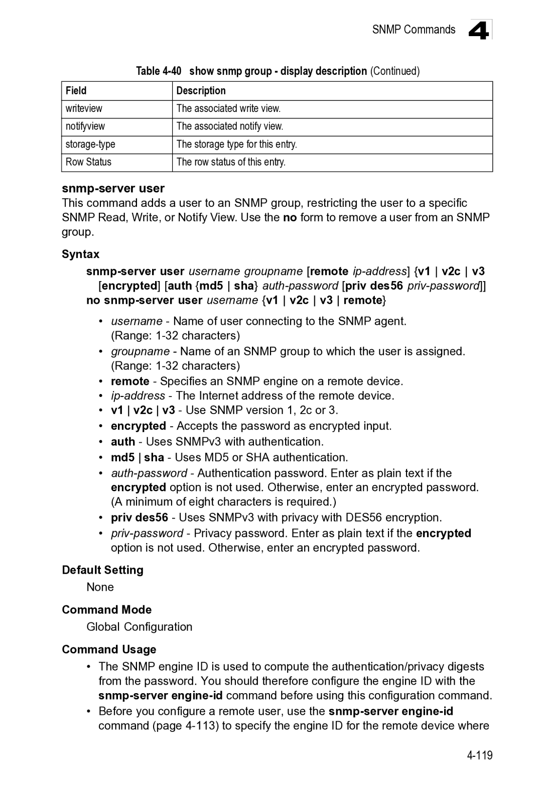 Microsoft ES4649, ES4625 manual Snmp-server user 