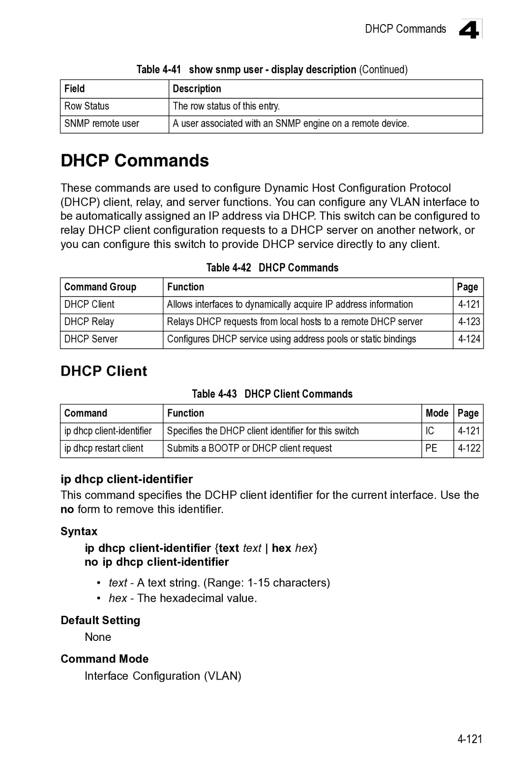 Microsoft ES4649, ES4625 manual Dhcp Commands, Dhcp Client 