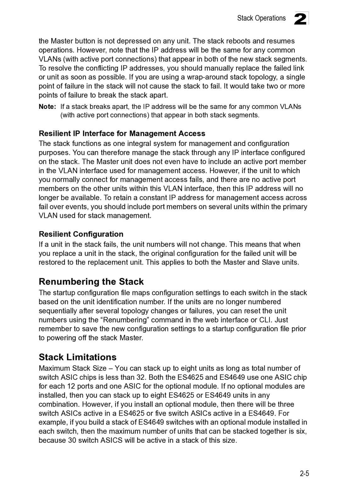 Microsoft ES4649, ES4625 manual Renumbering the Stack, Stack Limitations 