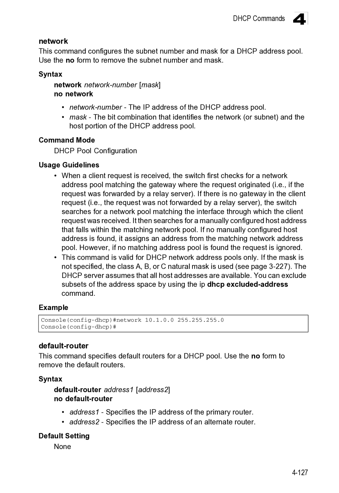 Microsoft ES4649, ES4625 manual Dhcp Commands Network, Network network-number mask no network 