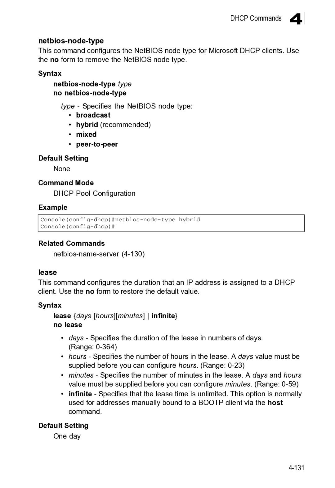 Microsoft ES4649, ES4625 manual Dhcp Commands Netbios-node-type, Related Commands Netbios-name-server4-130 