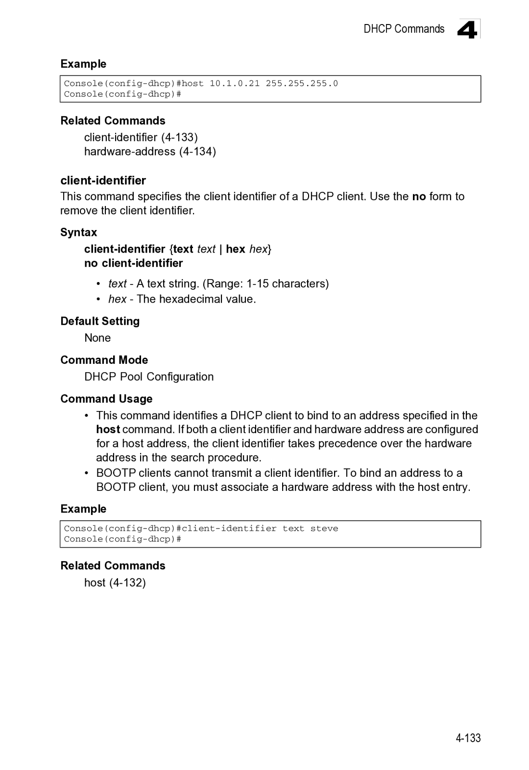 Microsoft ES4649, ES4625 manual Related Commands Client-identifier4-133hardware-address4-134, Related Commands Host 