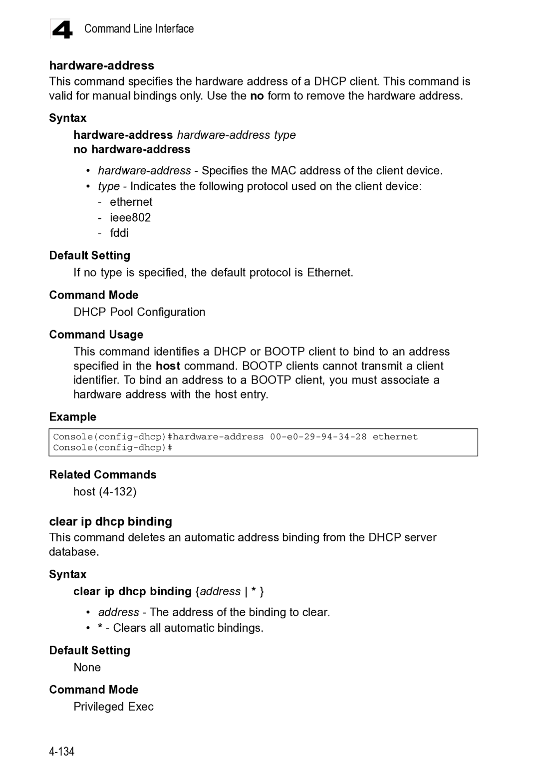 Microsoft ES4625 manual Command Line Interface Hardware-address, Hardware-addresshardware-address type no hardware-address 