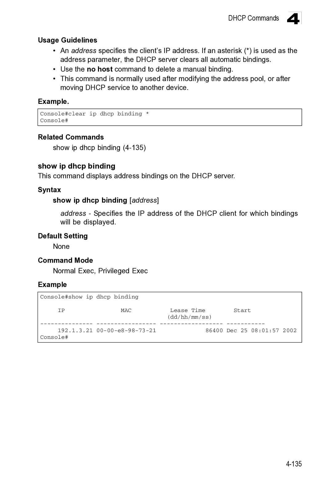 Microsoft ES4649, ES4625 manual Related Commands Show ip dhcp binding 