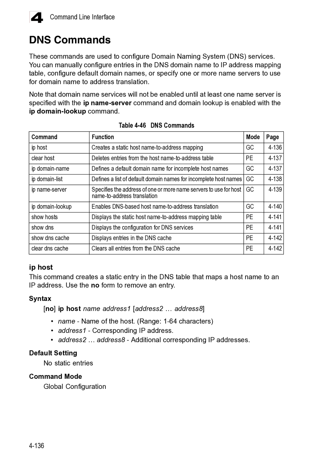 Microsoft ES4625, ES4649 manual DNS Commands, No ip host name address1 address2 … address8 