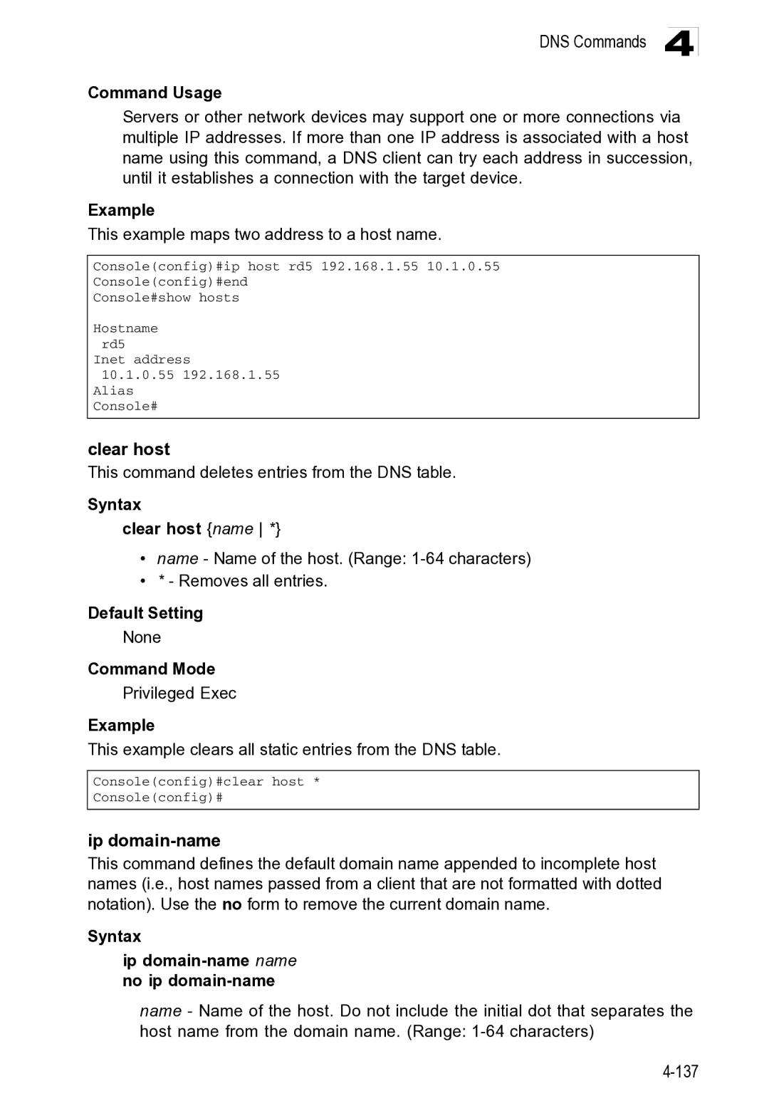 Microsoft ES4649, ES4625 manual DNS Commands, Ip domain-name 