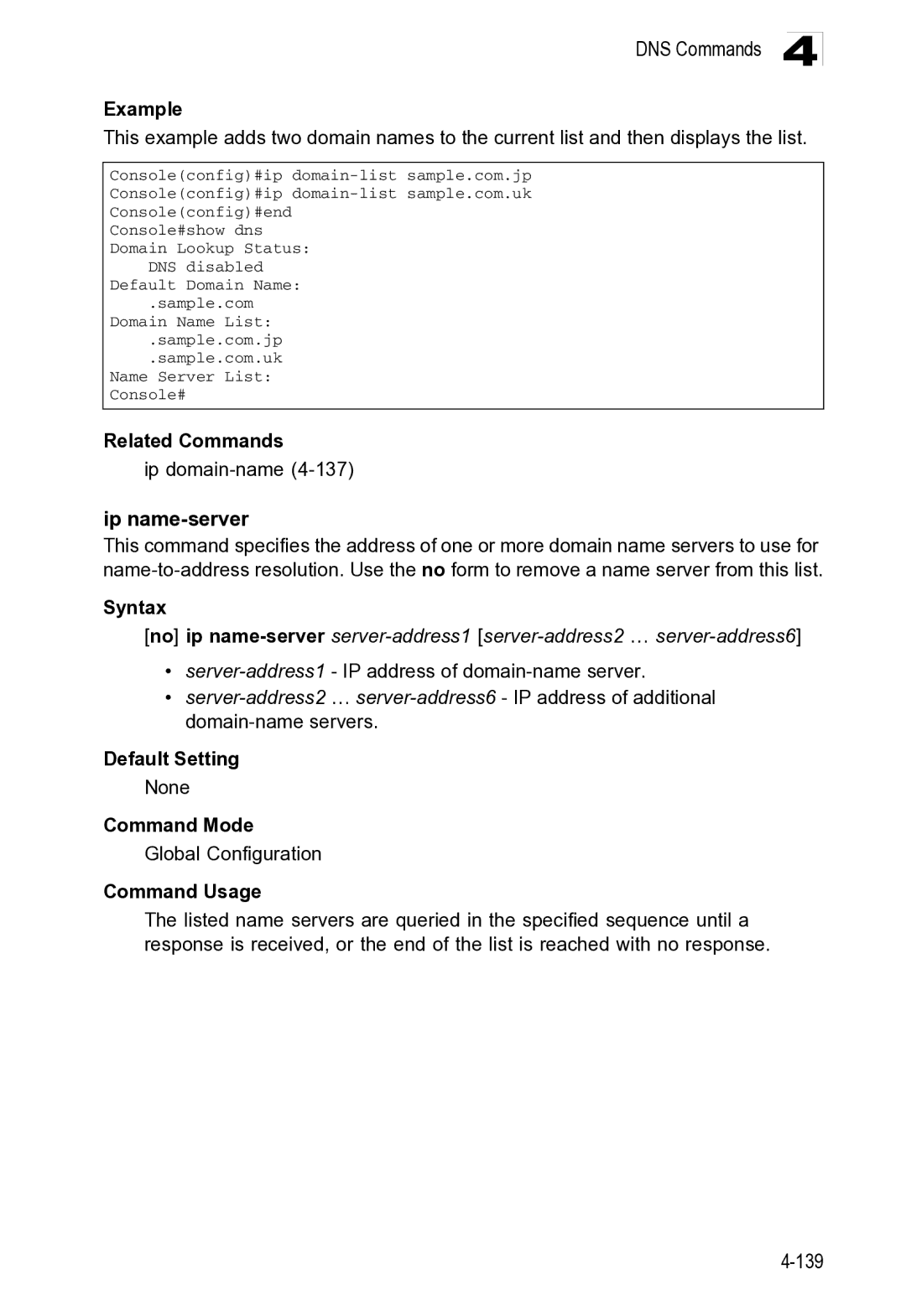 Microsoft ES4649, ES4625 manual Related Commands Ip domain-name4-137, Server-address1- IP address of domain-name server 