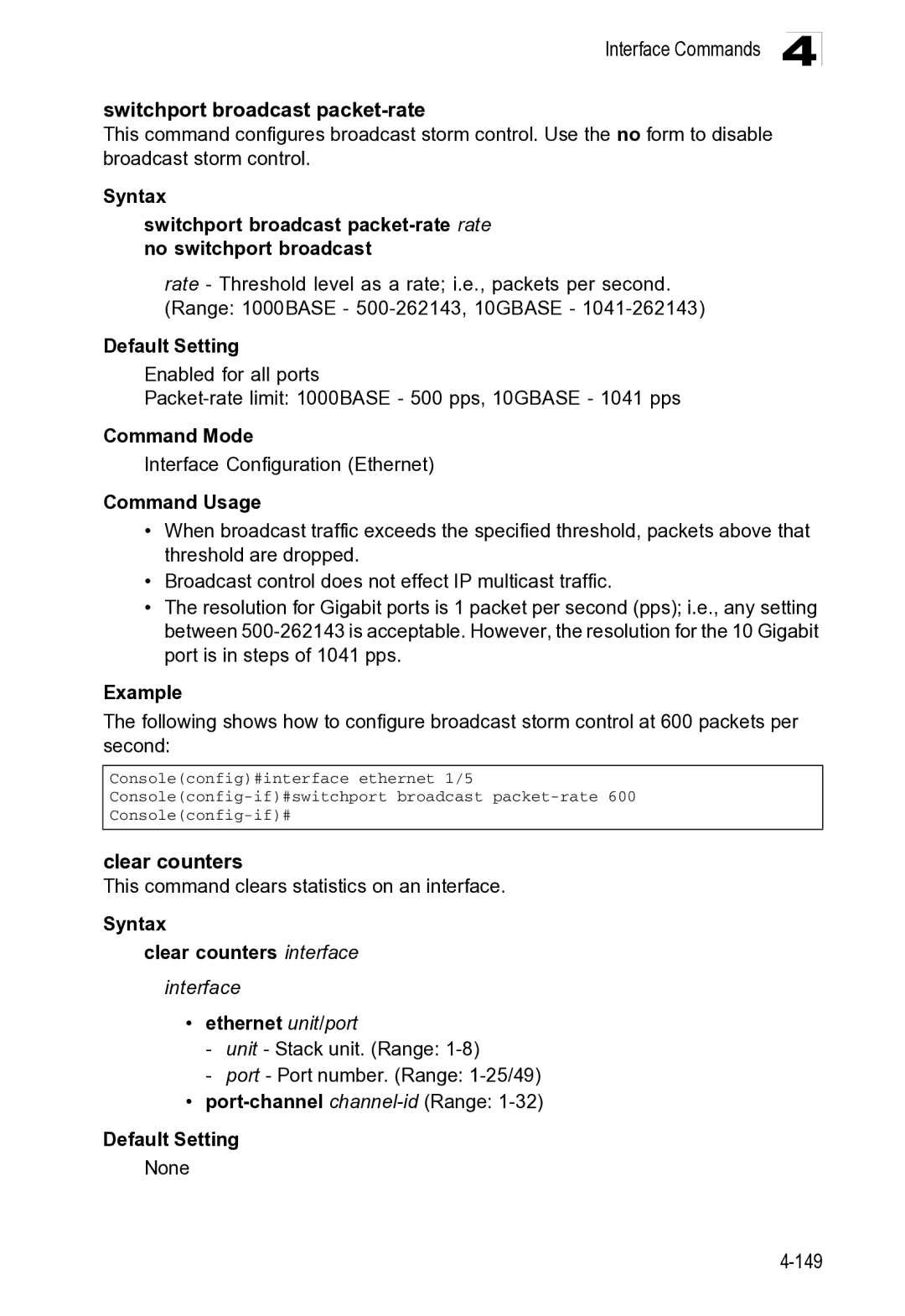 Microsoft ES4649, ES4625 manual Interface Commands Switchport broadcast packet-rate, Clear counters 