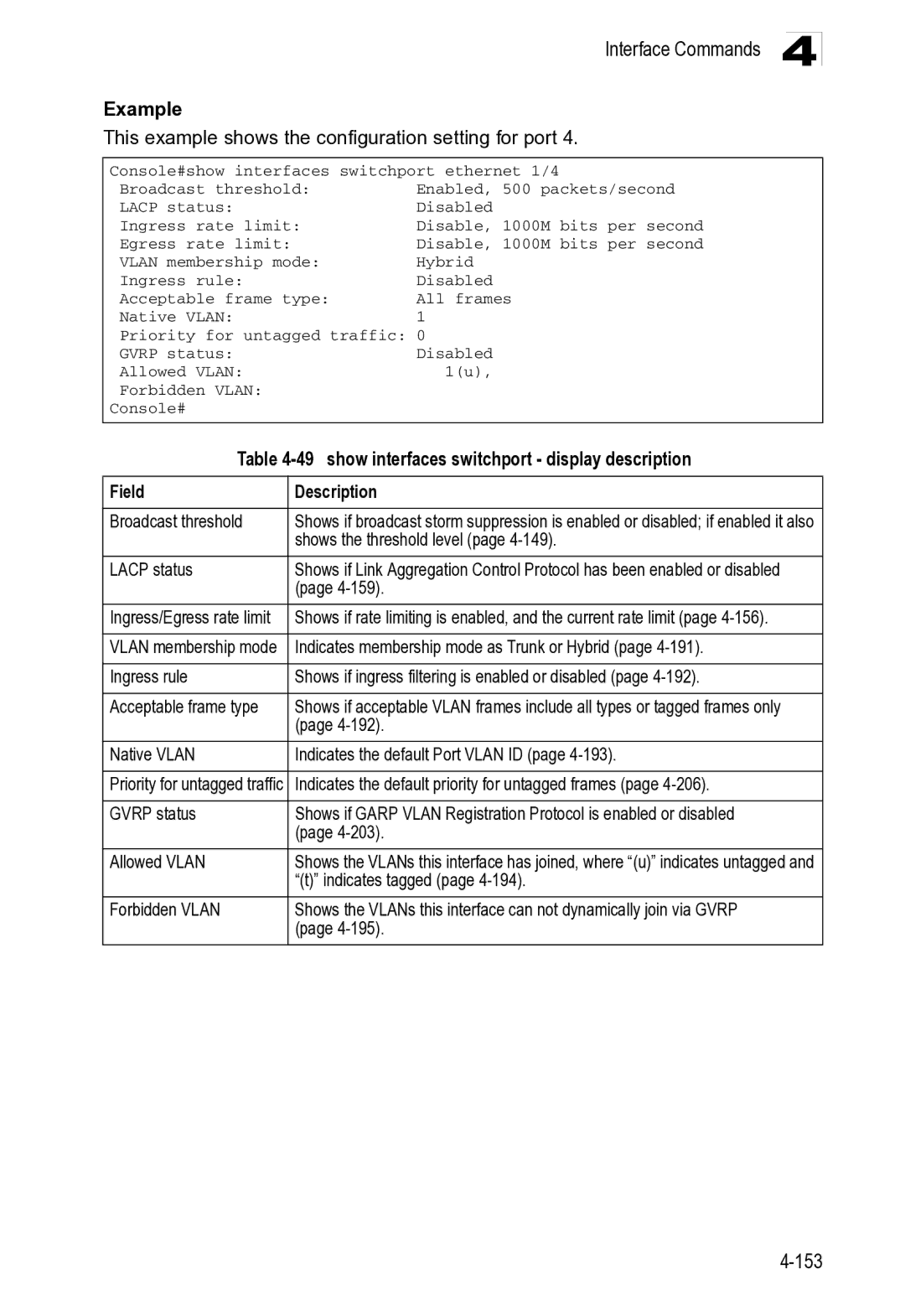 Microsoft ES4649 manual show interfaces switchport display description, Field Description Broadcast threshold, Lacp status 