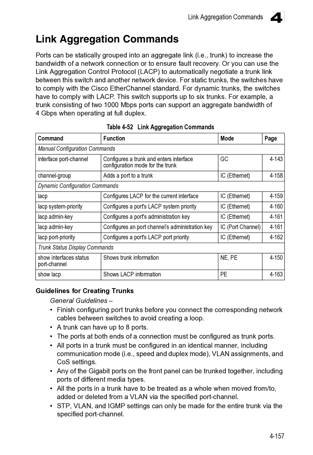 Microsoft ES4649, ES4625 manual Link Aggregation Commands, Manual Configuration Commands, Dynamic Configuration Commands 