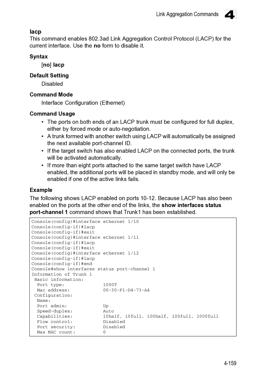 Microsoft ES4649, ES4625 manual Link Aggregation Commands Lacp, 159 