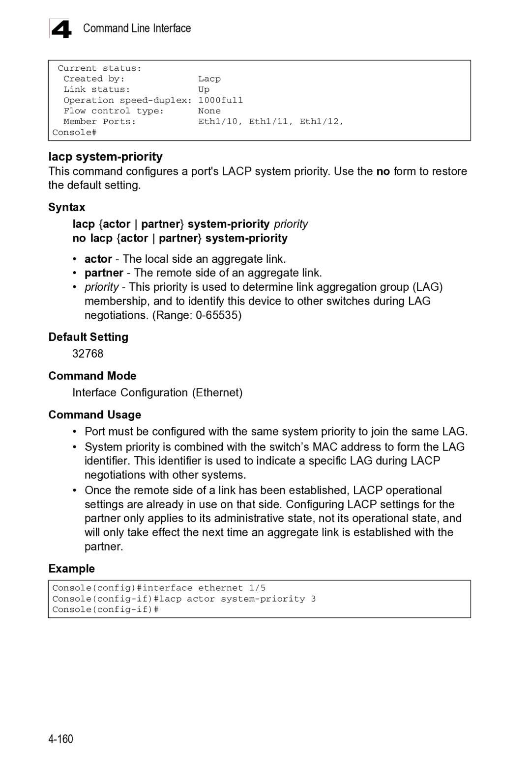 Microsoft ES4625, ES4649 manual Lacp system-priority 