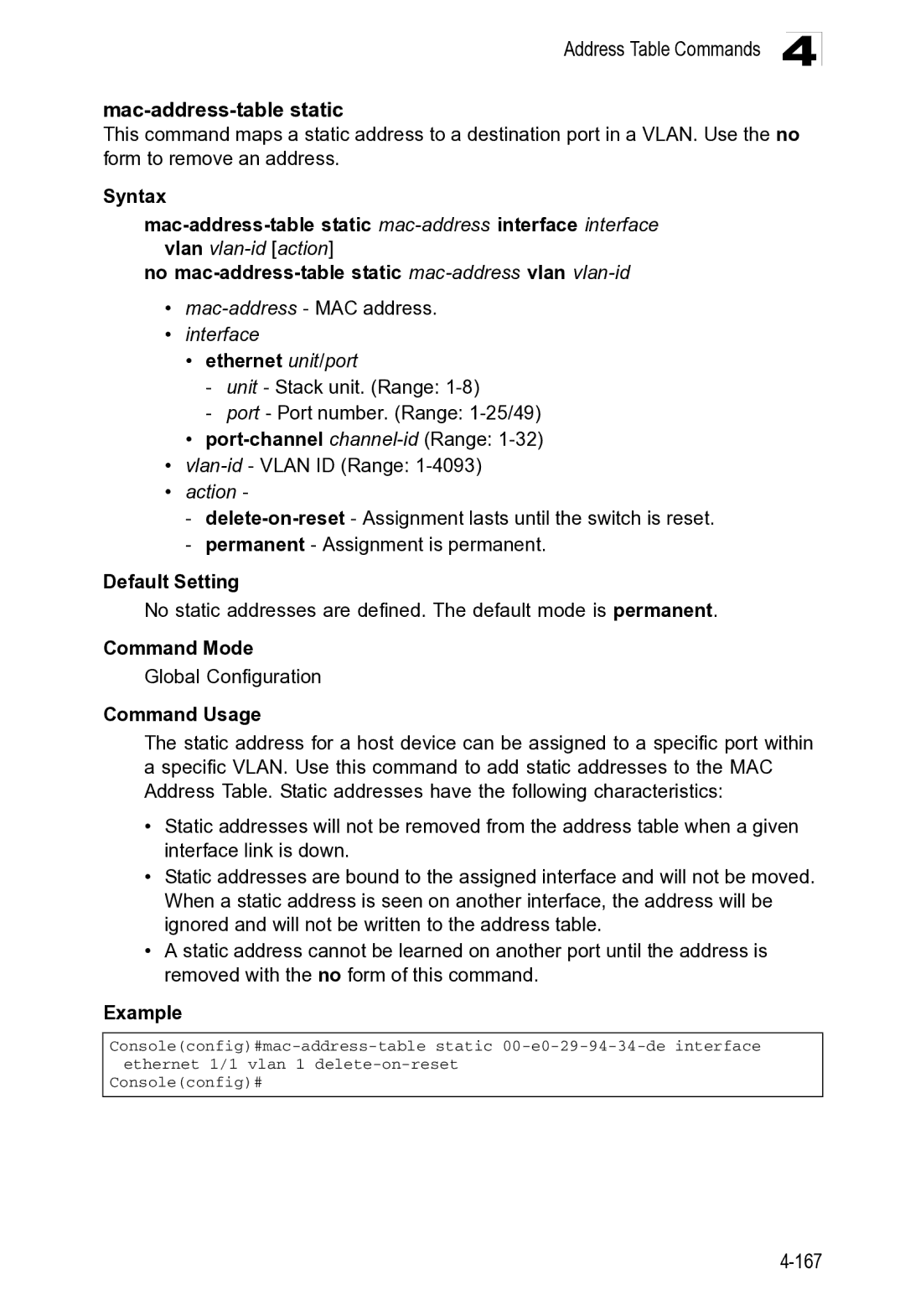 Microsoft ES4649, ES4625 manual Address Table Commands Mac-address-table static, Action 