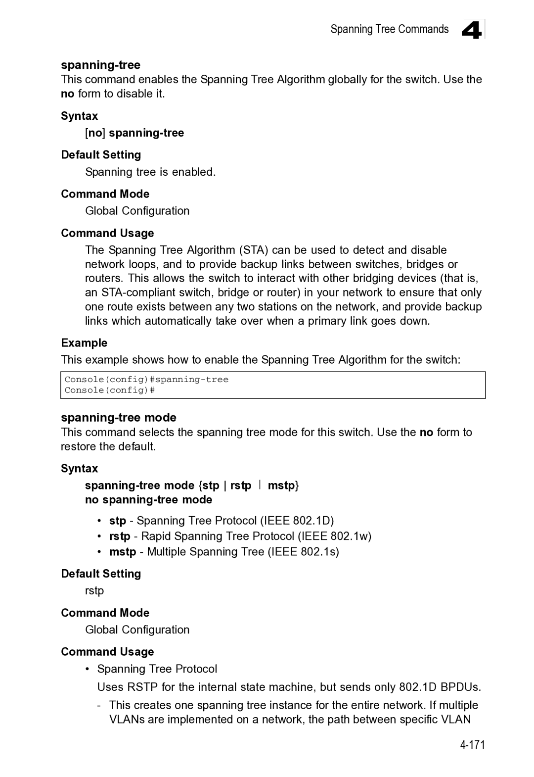 Microsoft ES4649, ES4625 manual Spanning Tree Commands Spanning-tree, Spanning-tree mode 