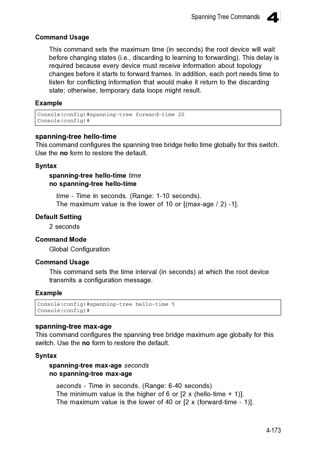 Microsoft ES4649, ES4625 manual Spanning Tree Commands, Spanning-tree hello-time 