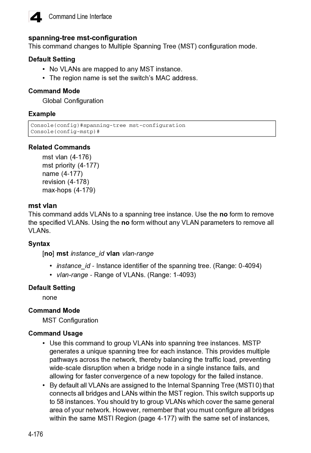 Microsoft ES4625, ES4649 manual Command Line Interface Spanning-tree mst-configuration, No mst instanceid vlan vlan-range 