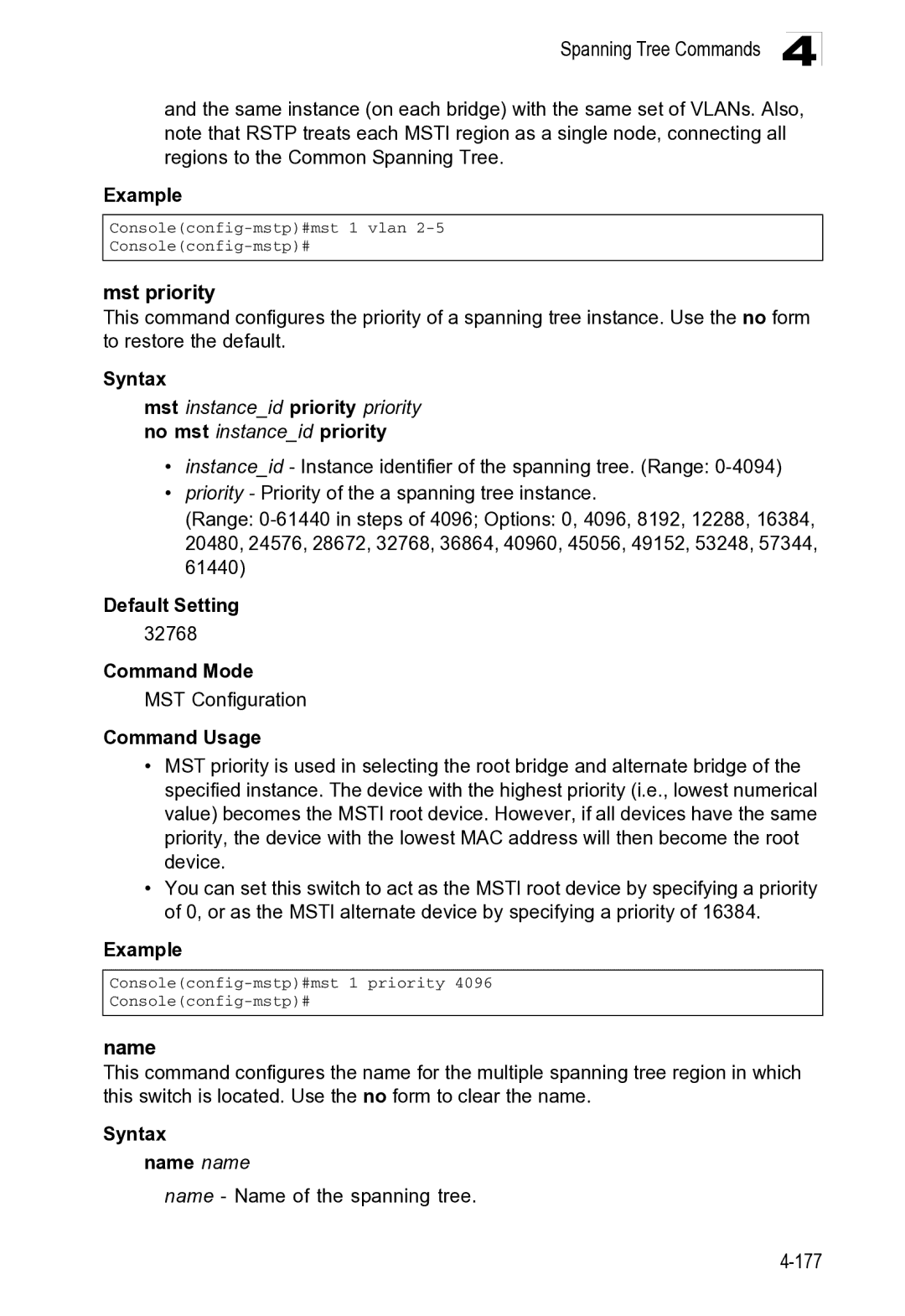 Microsoft ES4649, ES4625 manual Spanning Tree Commands, Mst instanceid priority priority no mst instanceid priority 