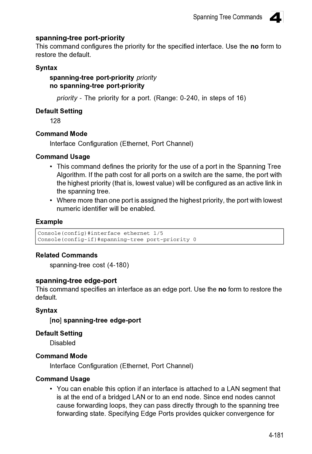 Microsoft ES4649, ES4625 manual Spanning Tree Commands Spanning-tree port-priority, Related Commands Spanning-tree cost 